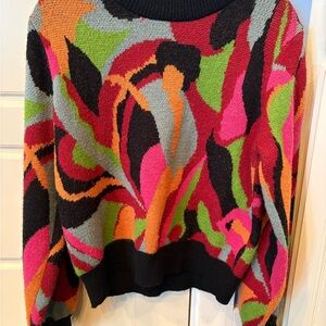 FARM Rio Vibrant Multicolor Abstract Crewneck Sweater with Black Trim